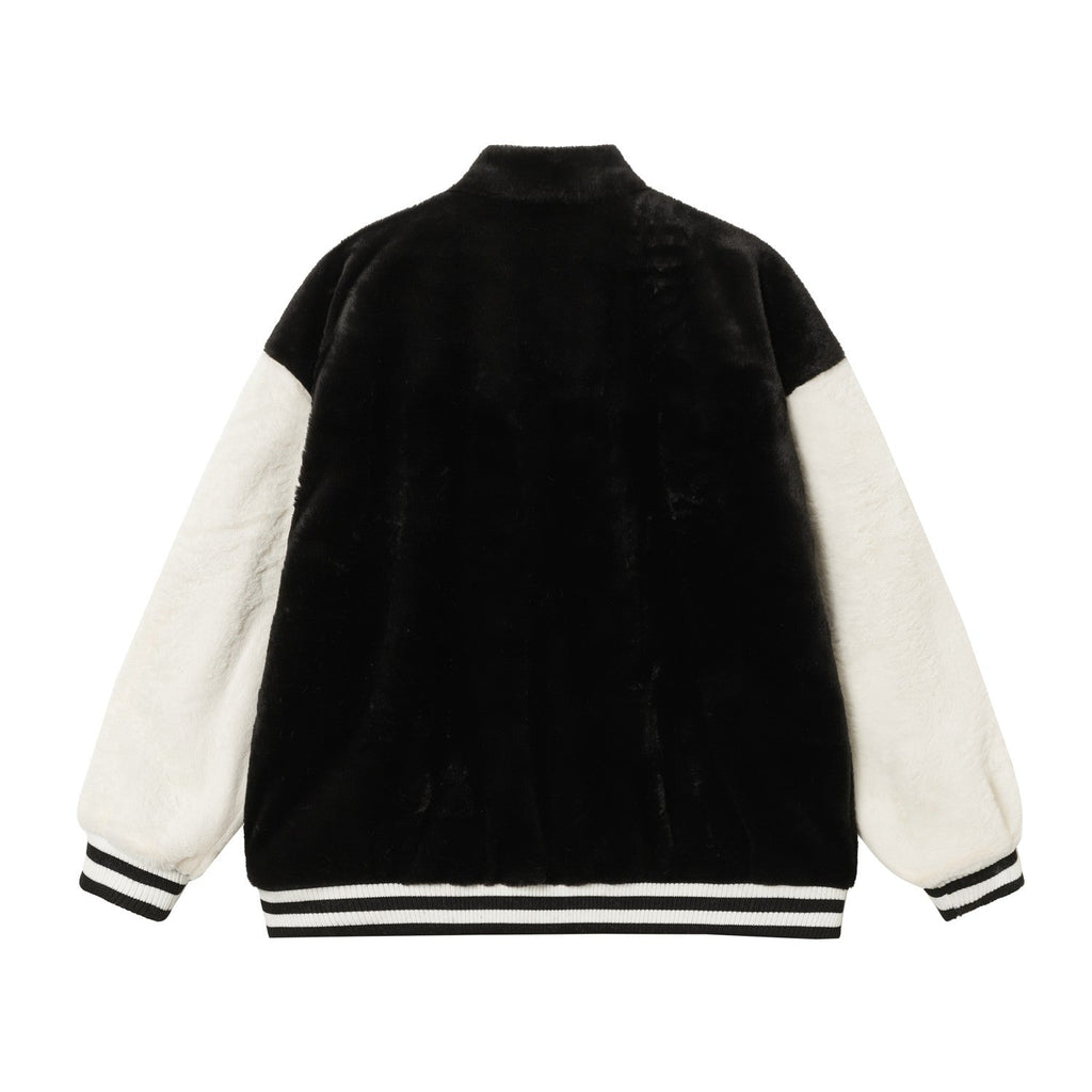Faux Fur Cross Varsity Jacket - Black White Gothic Streetwear 035