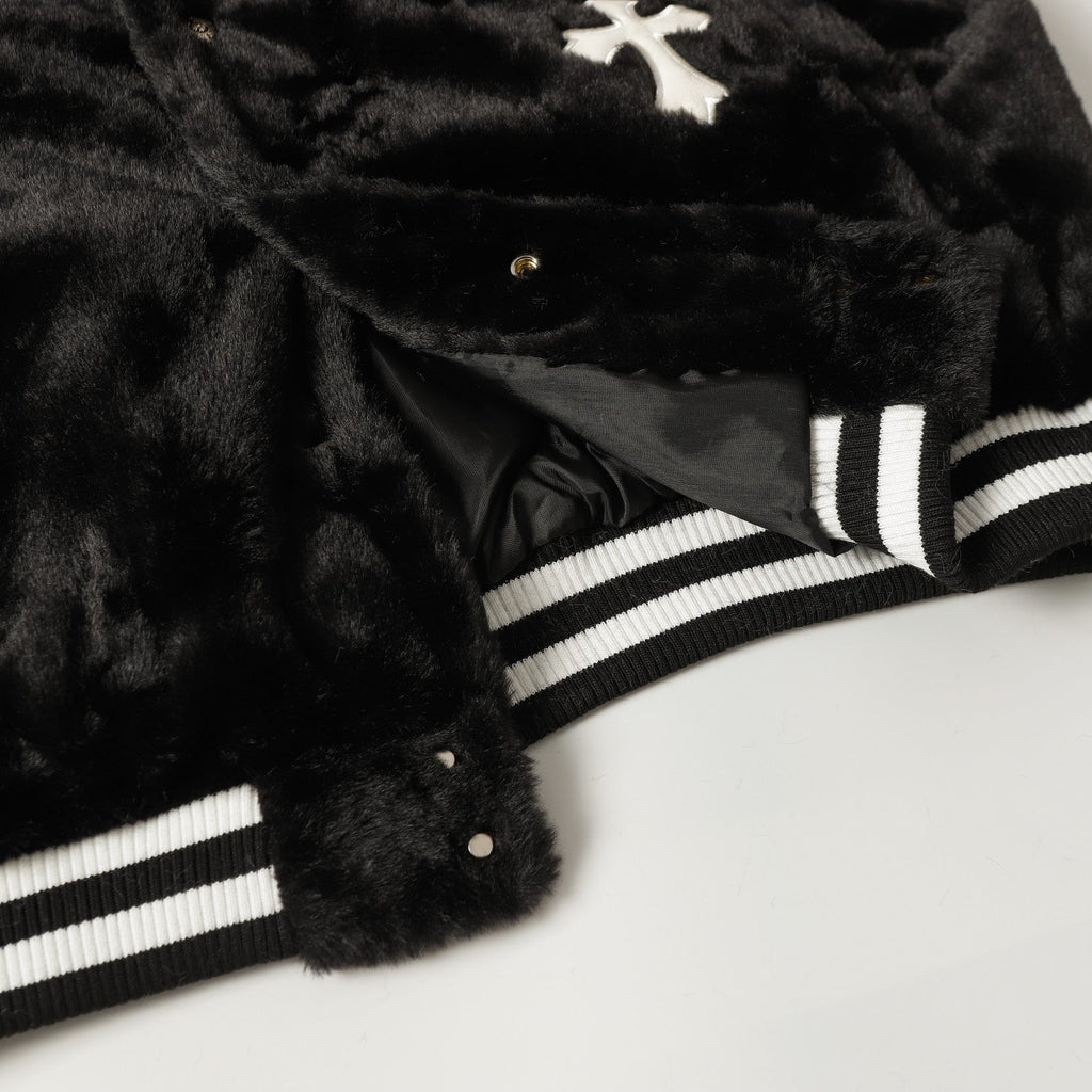 Faux Fur Cross Varsity Jacket - Black White Gothic Streetwear 035
